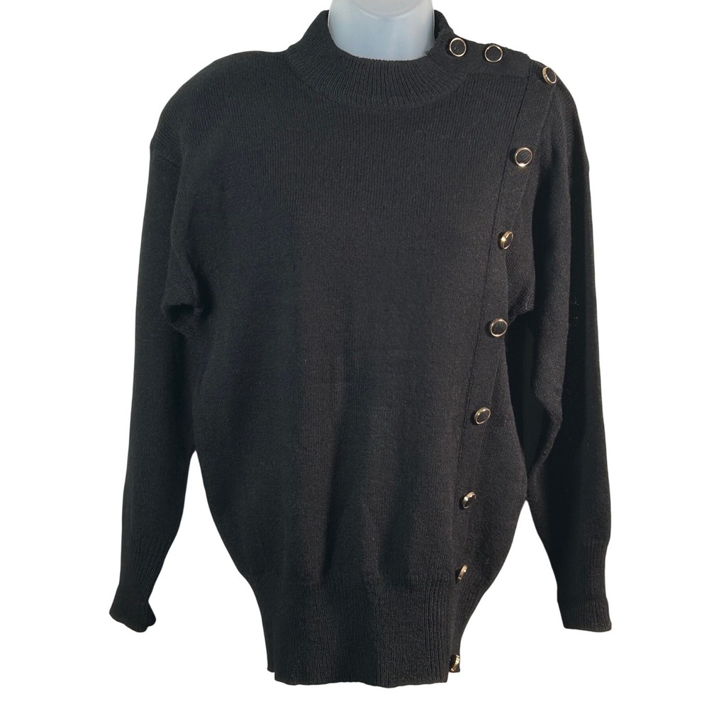 Ann Wi Womens Mock Neck Sweater Asymmetrical Gold Buttons Vintage '90s Small VTG - Picture 2 of 8